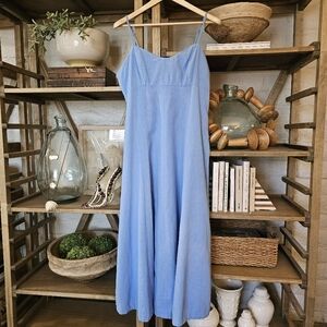 Abercrombie & Fitch Blue Linen Blend Sweetheart Neck Midi Dress Sz L EUC